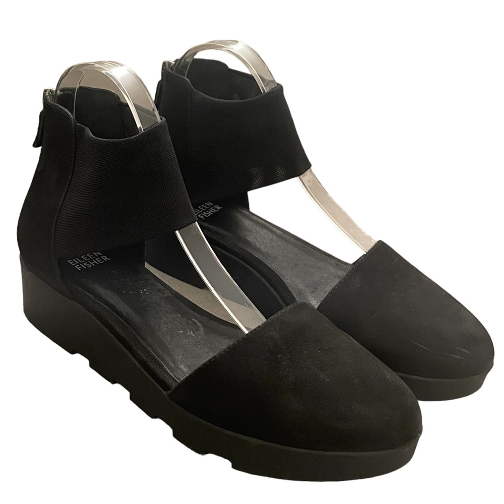 Eileen Fisher Mesh Tumbled Nubuck Suede Platform Wedge Sandals Women’s 8.5 Black